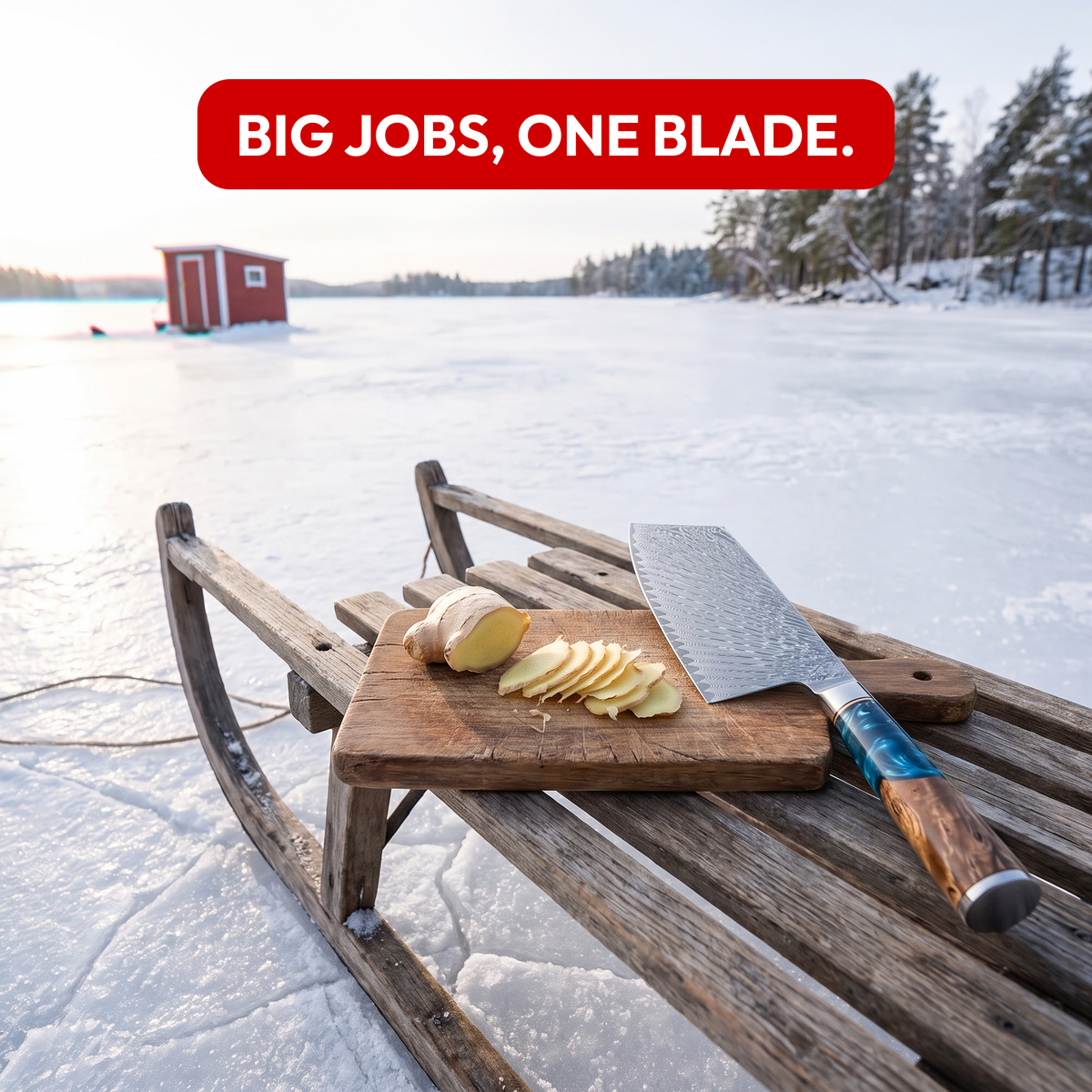 Cleaver Knife 18 cm, Galaxy Tenshi, on a sled on a frozen lake