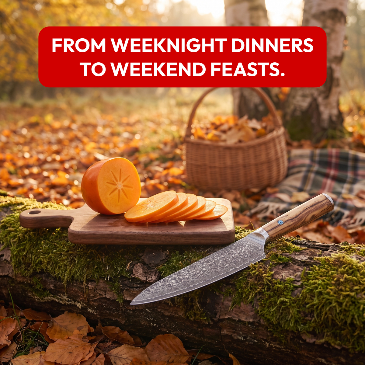 Gyuto Chef's Knife 20 cm, Galaxy Takumi, with sliced squash in an autumn forest