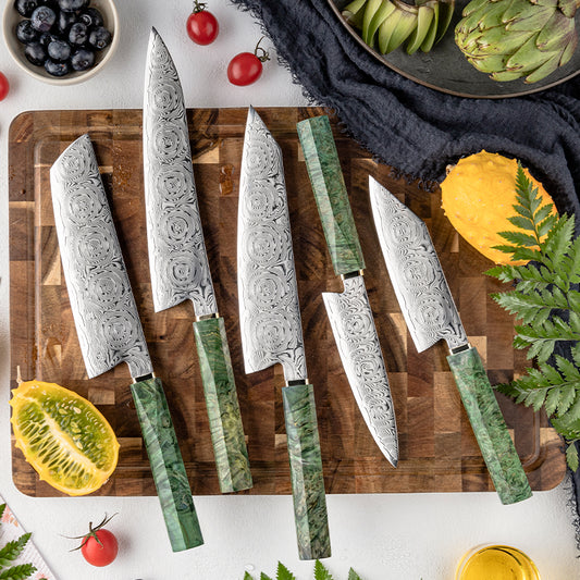 Midori no Shō (翠の章) Damascus Steel - Japanese Kitchen Knife Set - Set of 5