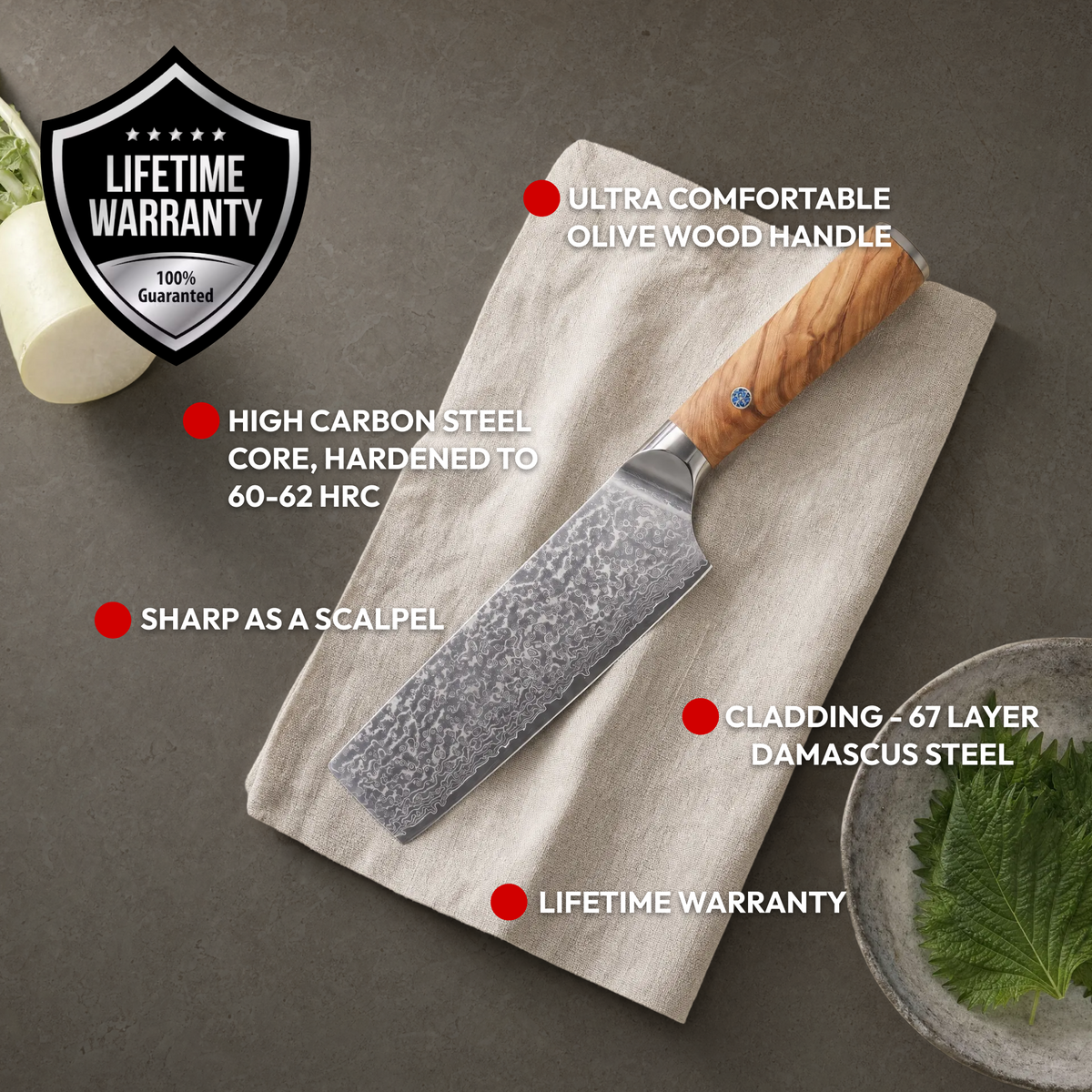 Nakiri Vegetable Knife 17 cm, Galaxy Takumi, features: olive wood handle, high carbon steel core, lifetime warranty