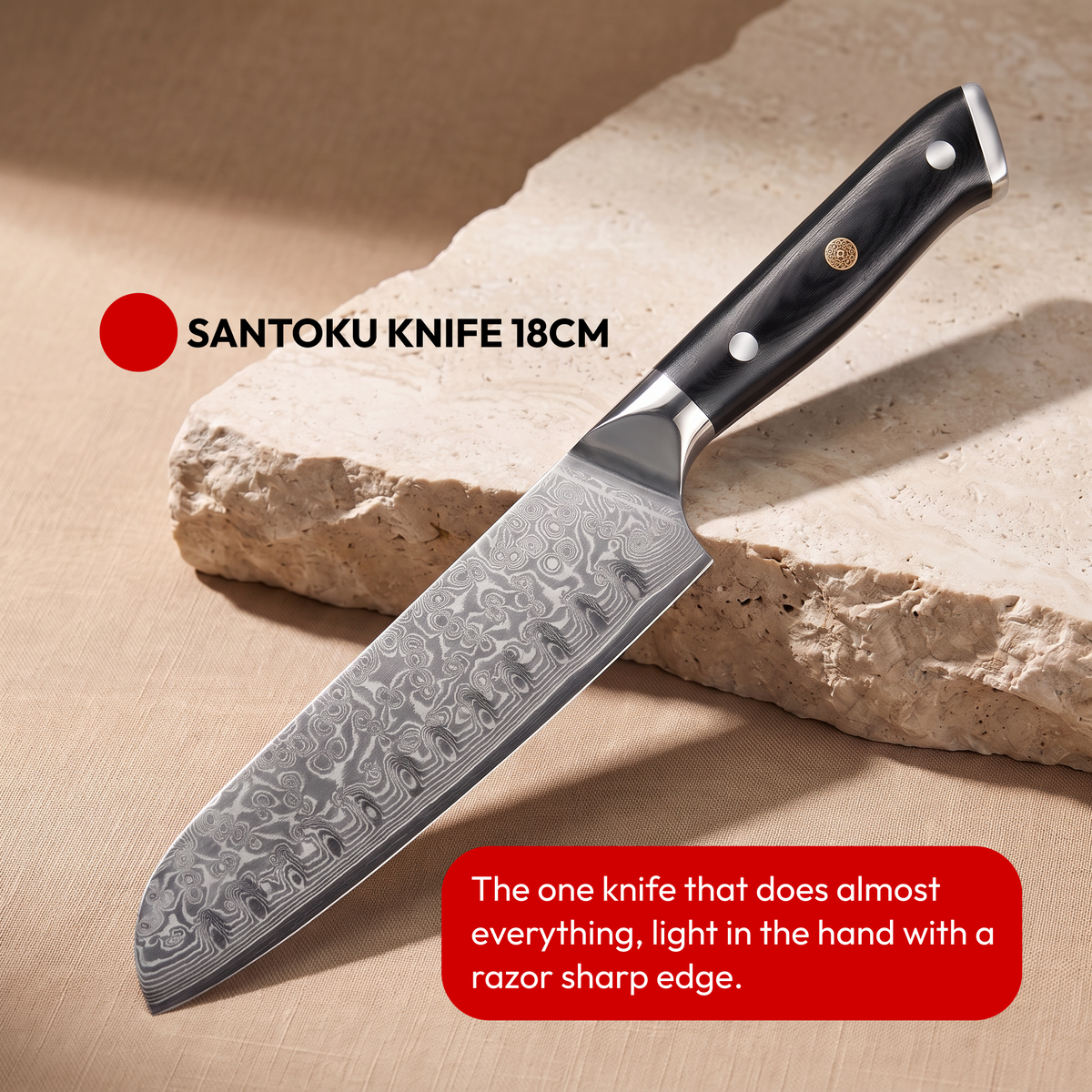 Japanese Damascus Knife Set, 9 Pieces, Galaxy Orion, santoku knife 18 cm on natural stone