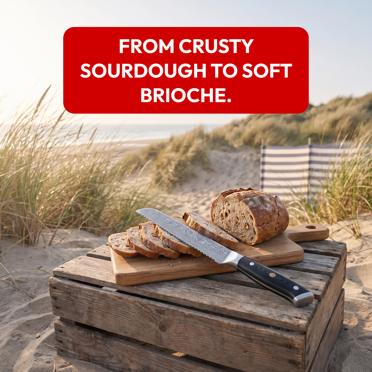 Bread Knife 20 cm, Galaxy Orion, with sliced sourdough on the beach