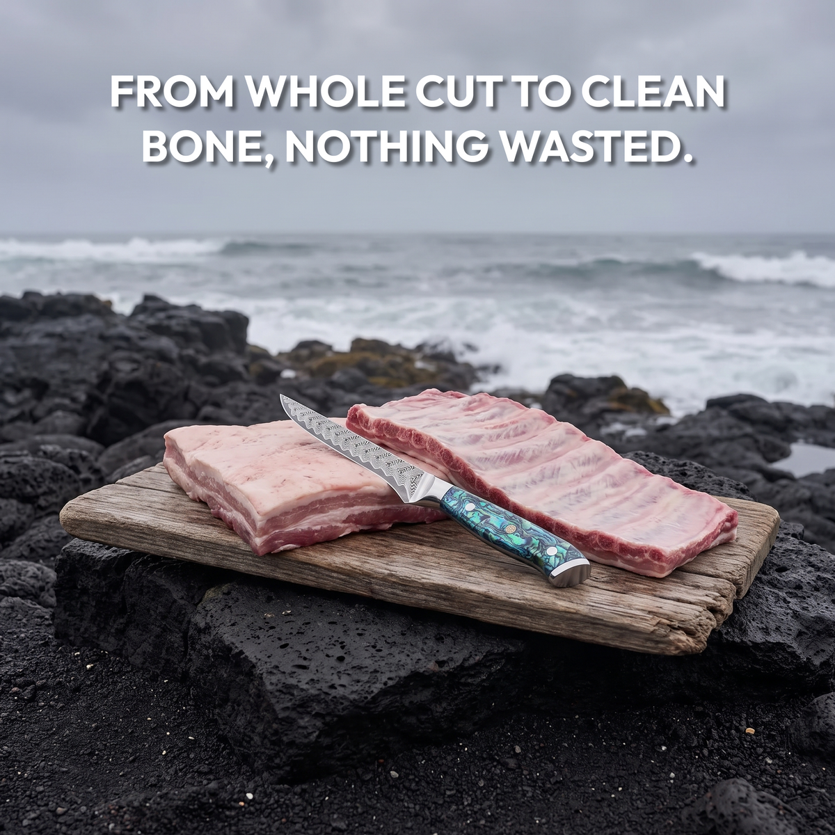 Boning Knife 15 cm, Galaxy Aurora, with ribs on a board by the sea