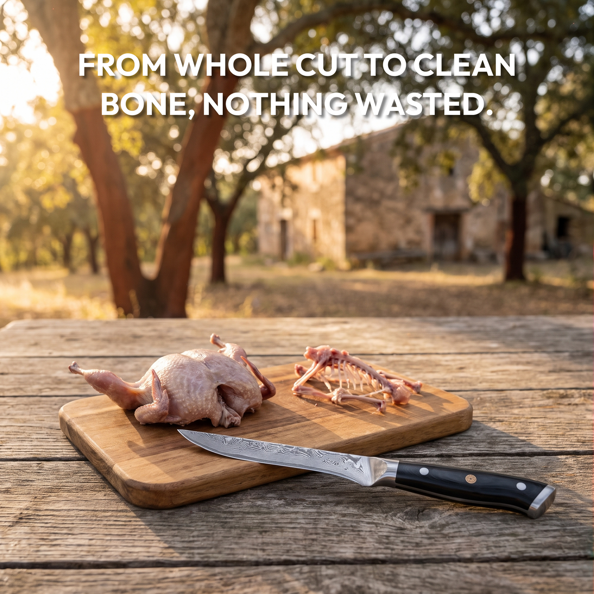 Boning Knife 15 cm, Galaxy Orion, with poultry on a board outdoors