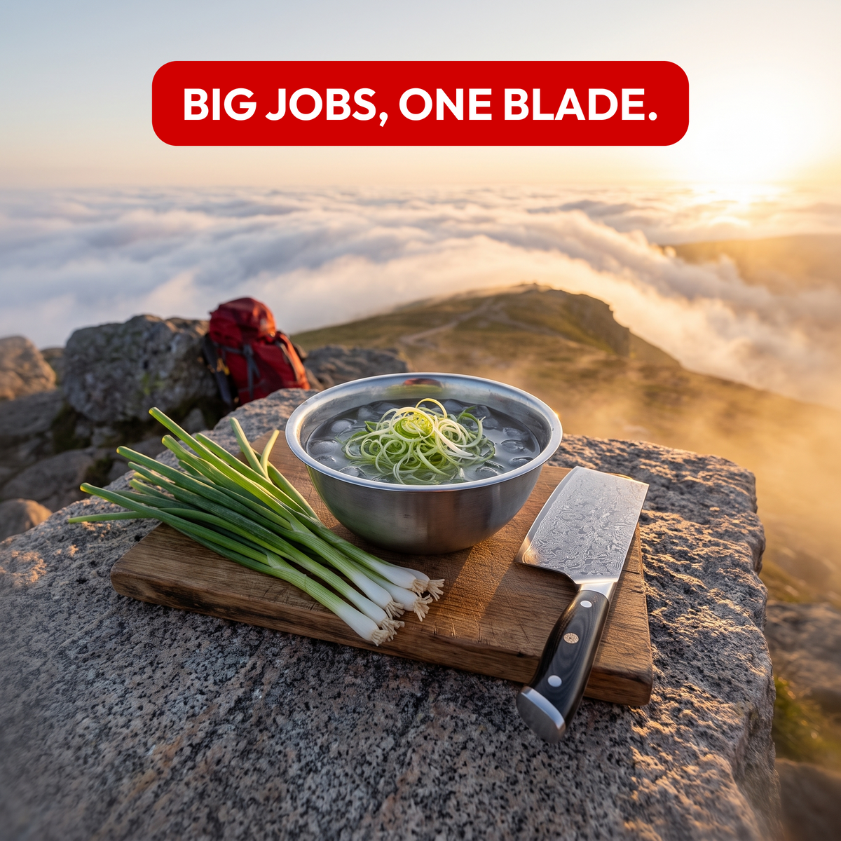 Cleaver Knife 18 cm, Galaxy Orion, with spring onions and a bowl outdoors