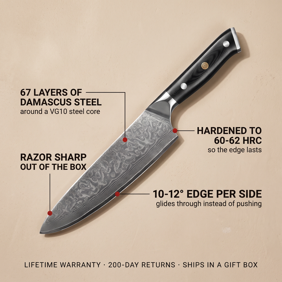 Gyuto Chef's Knife 20 cm, Galaxy Orion, features: 67 layers of Damascus steel, VG10 core, hardened to 60-62 HRC
