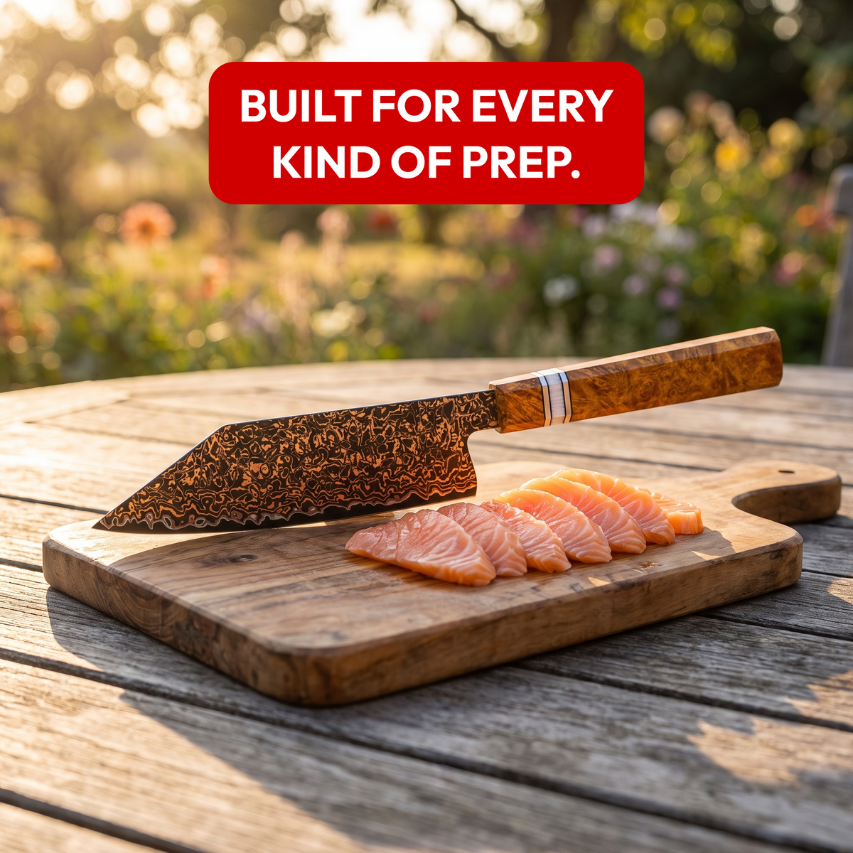 Bunka Knife 14 cm, Galaxy Shinsei, with salmon sashimi on a garden table