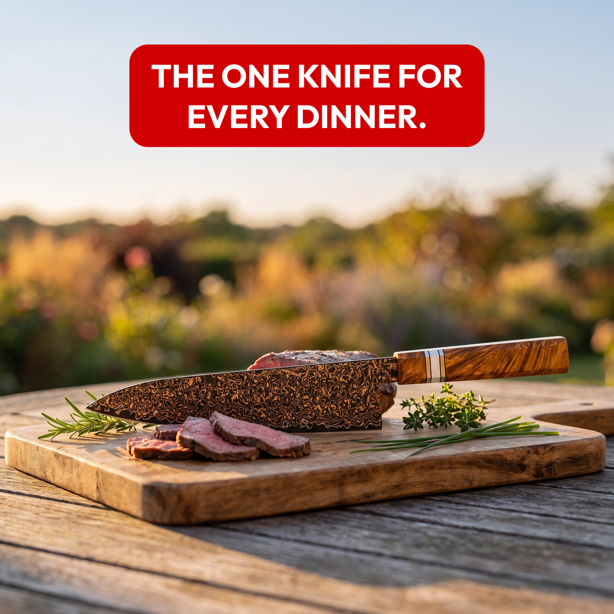 Gyuto Chef's Knife 21 cm, Galaxy Shinsei, with sliced roast beef on a garden table