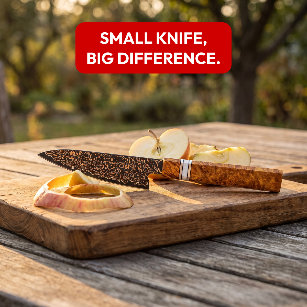 Paring Knife 11 cm, Galaxy Shinsei, with apple slices on a garden table
