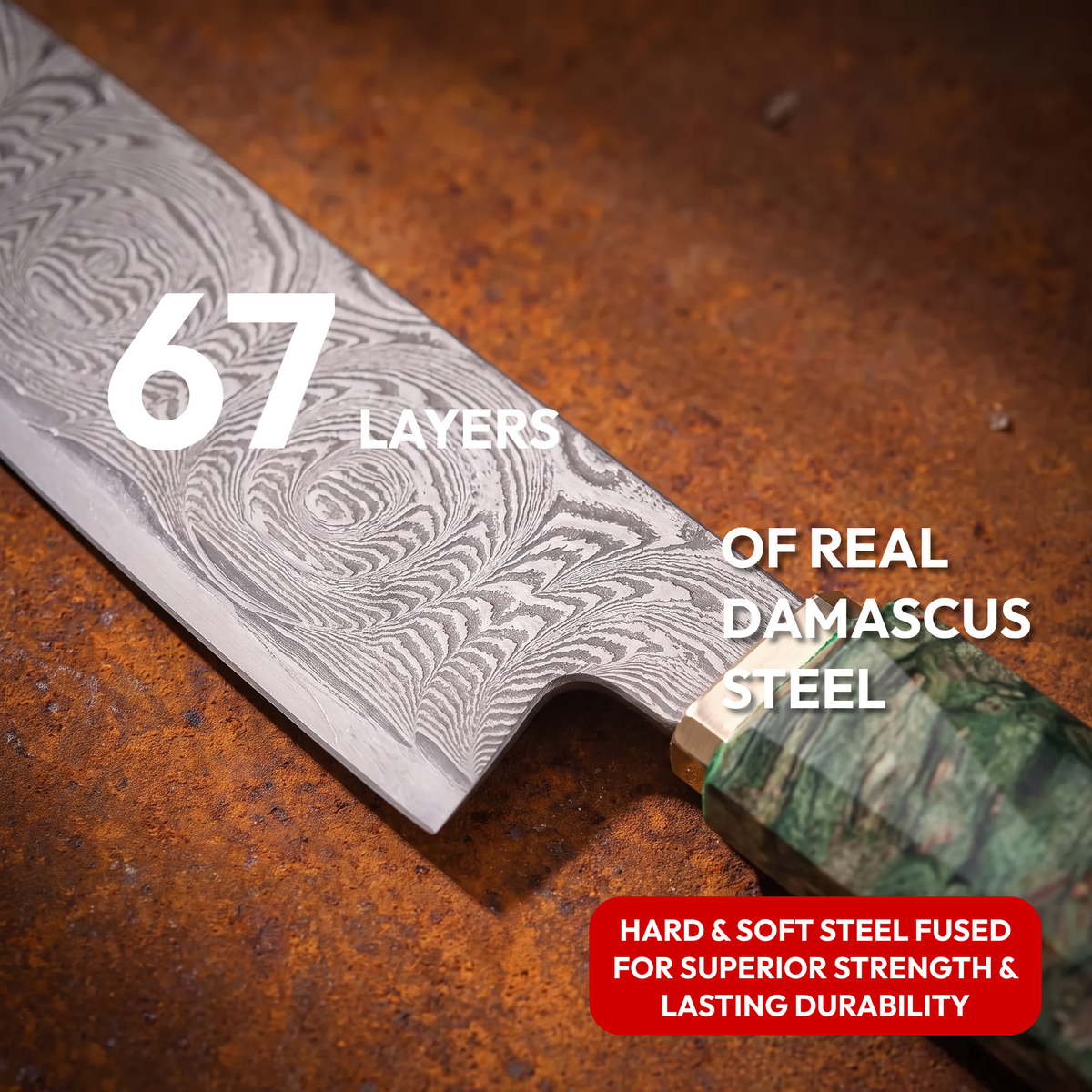 Utility Knife 13 cm, Galaxy Midori no Shō, close-up of 67-layer Damascus steel blade