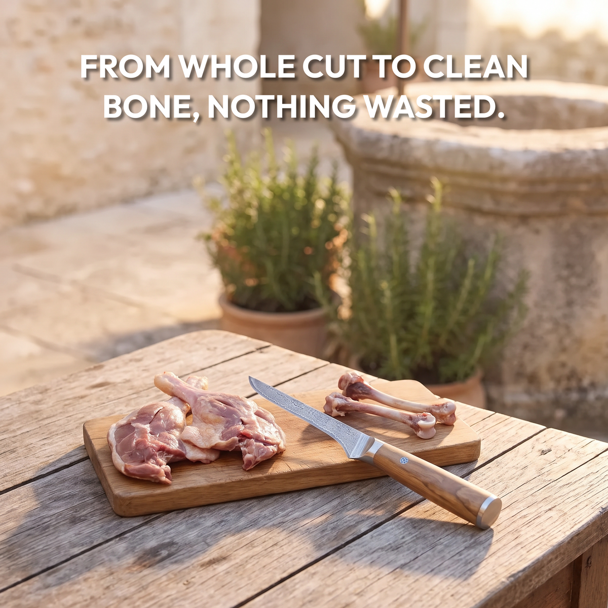 Boning Knife 15 cm, Galaxy Takumi, with meat and bones on a rustic table