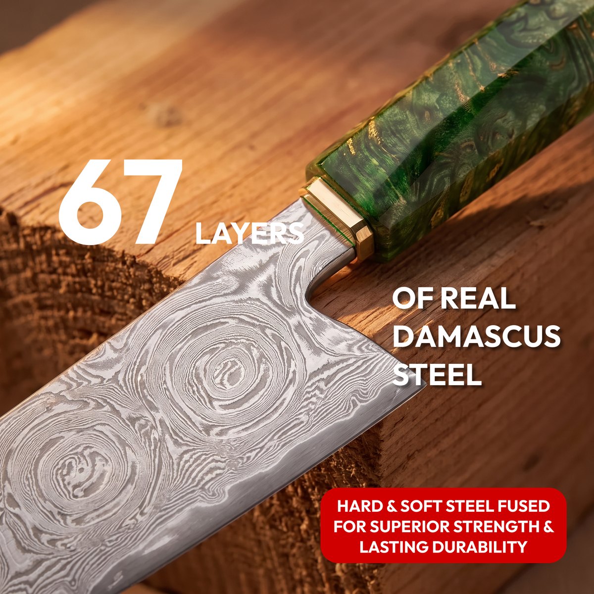 Gyuto Chef's Knife 22 cm, Galaxy Midori no Shō, close-up of 67-layer Damascus steel blade