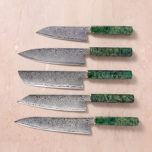 Japanese Damascus Knife Set, 5 Pieces, Galaxy Midori no Shō, all five knives with green stabilized wood handles laid out