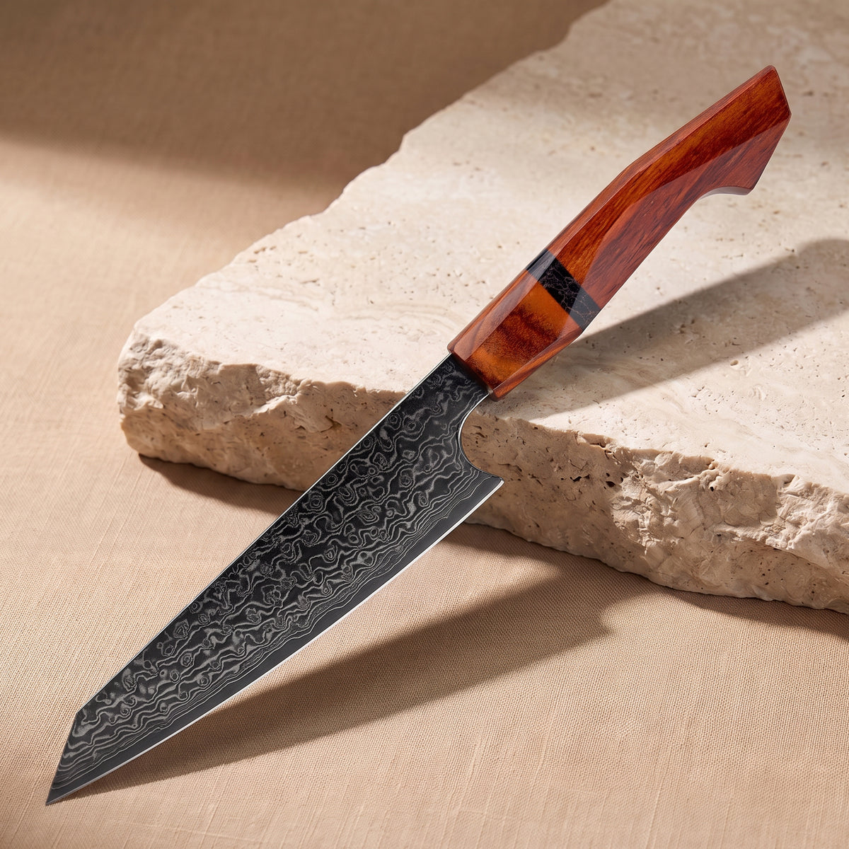 Utility Knife 15 cm, Japanese Damascus steel, Galaxy Heritage, rosewood handle, on natural stone
