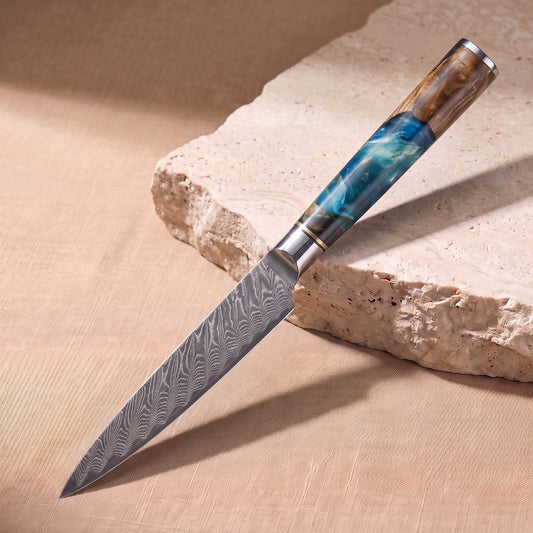 Utility Knife 13 cm, Japanese Damascus steel, Galaxy Tenshi, blue resin and burl wood handle, on natural stone