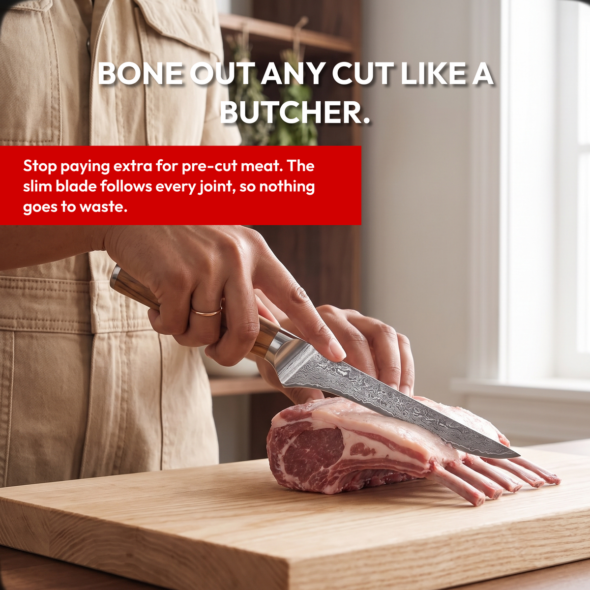 Boning Knife 15 cm, Galaxy Takumi, trimming a rack of lamb