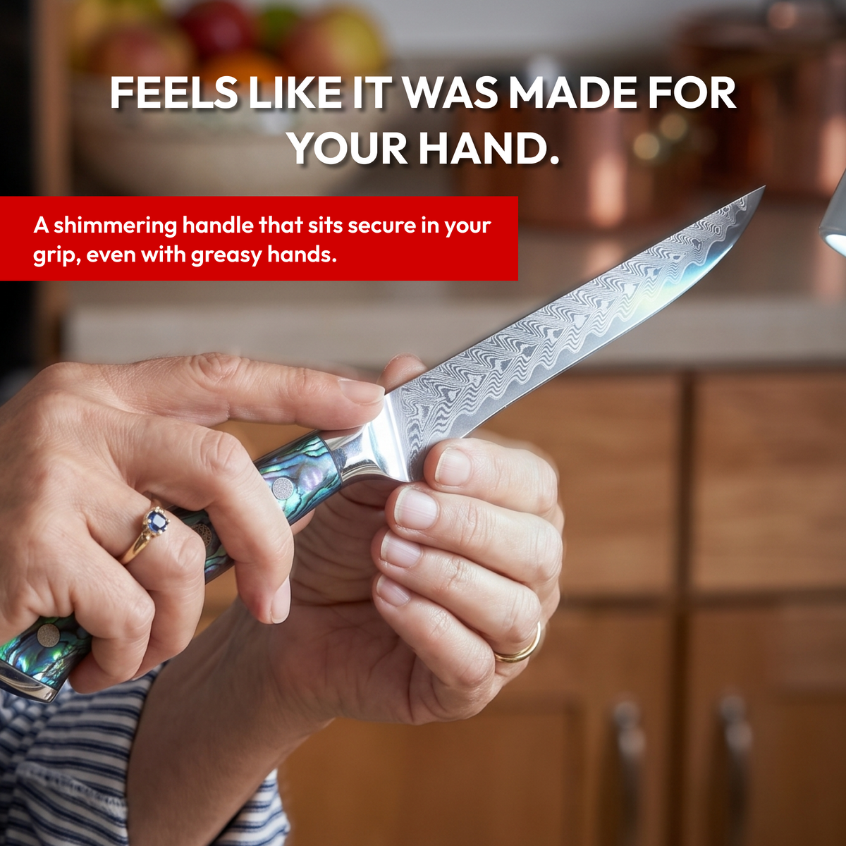 Boning Knife 15 cm, Galaxy Aurora, abalone shell handle in hand