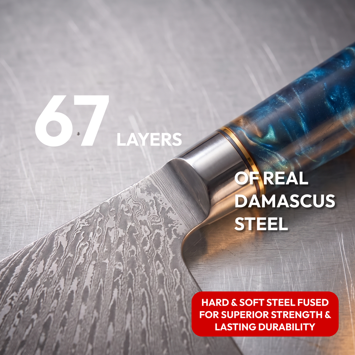 Cleaver Knife 18 cm, Galaxy Tenshi, close-up of 67-layer Damascus steel blade
