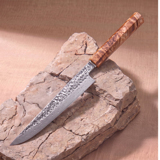 Yanagiba Sushi Knife 24 cm, Japanese Damascus steel, Galaxy Yanagi, olive burl handle, on natural stone