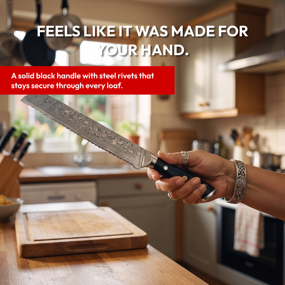 Bread Knife 20 cm, Galaxy Orion, black riveted handle in hand