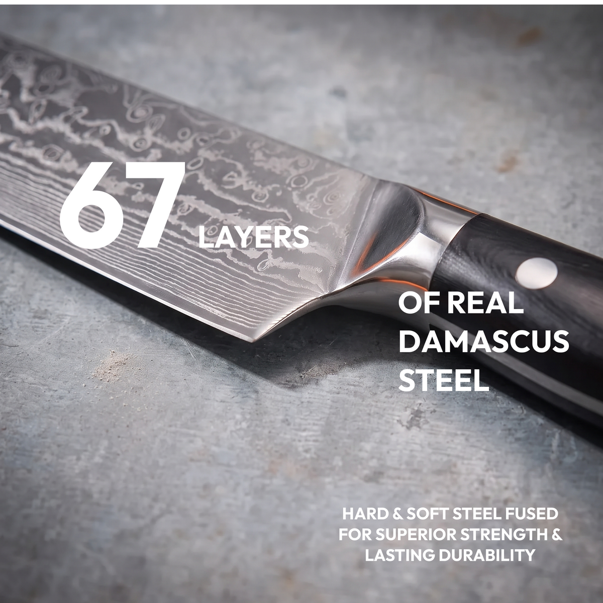 Kiritsuke Knife 20 cm, Galaxy Orion, close-up of 67-layer Damascus steel blade