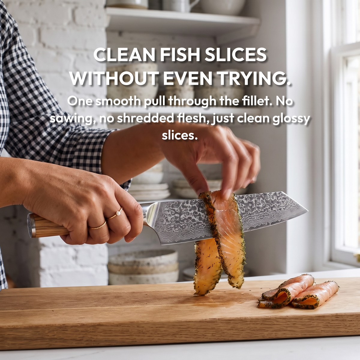 Kiritsuke Knife 18 cm, Galaxy Takumi, slicing a fish fillet