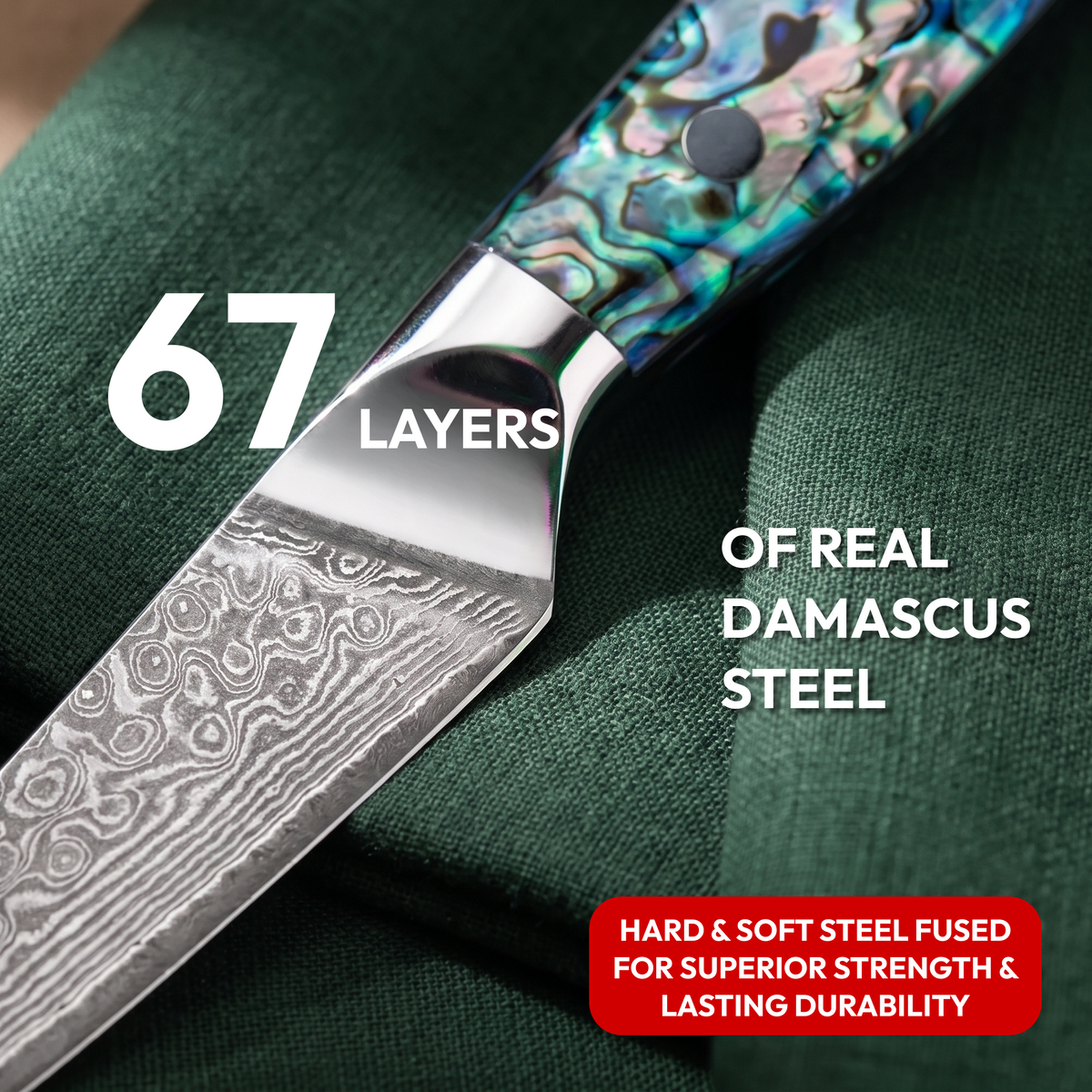 Paring Knife 9 cm, Galaxy Aurora, close-up of 67-layer Damascus steel blade