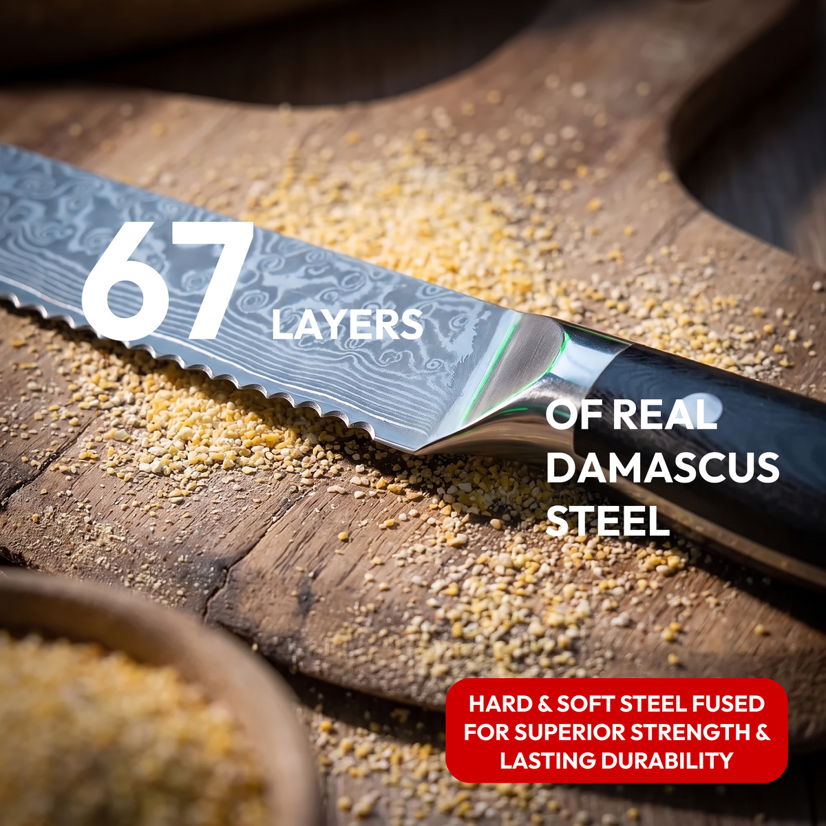Bread Knife 20 cm, Galaxy Orion, close-up of 67-layer Damascus steel blade