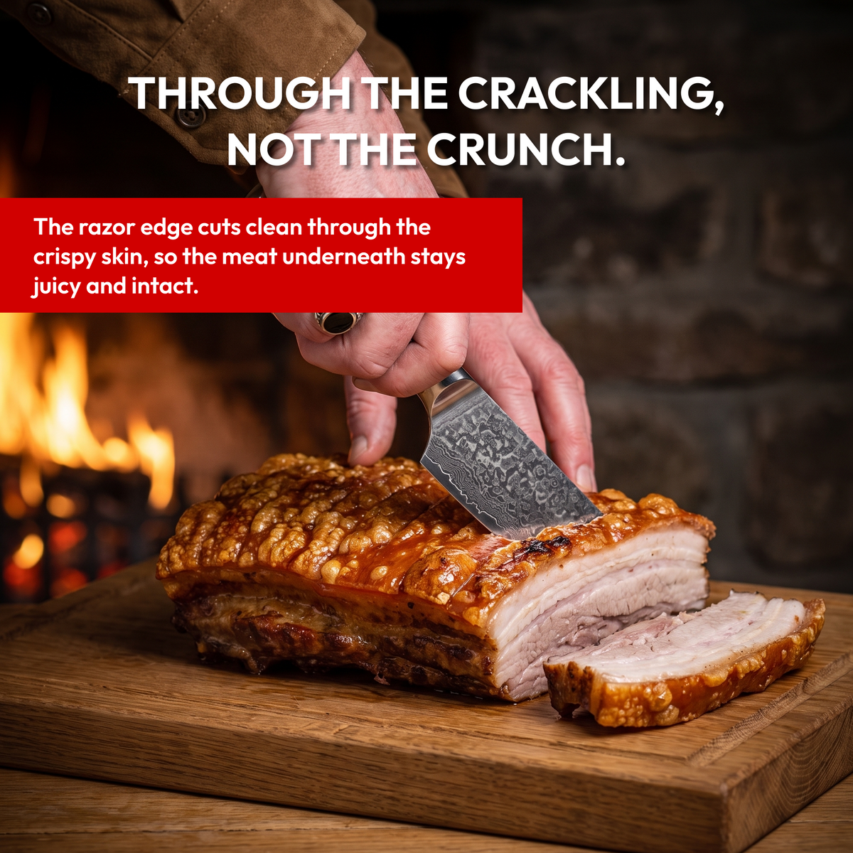 Gyuto Chef's Knife 20 cm, Galaxy Takumi, cutting through crispy pork crackling