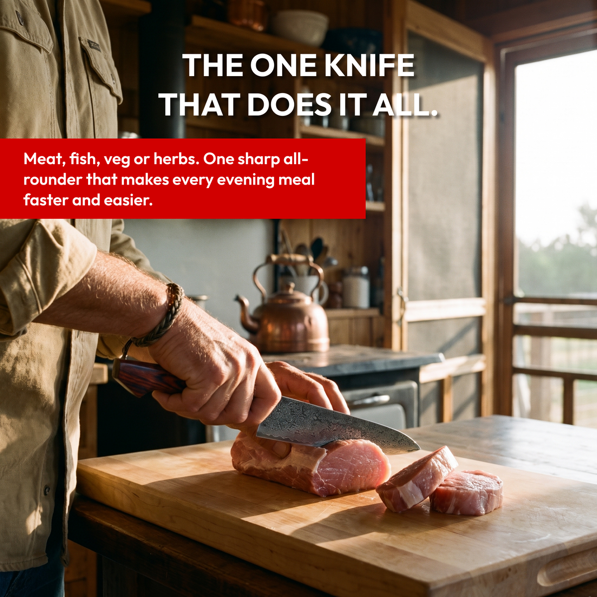 Gyuto Chef's Knife 23 cm, Galaxy Heritage, slicing meat in a home kitchen