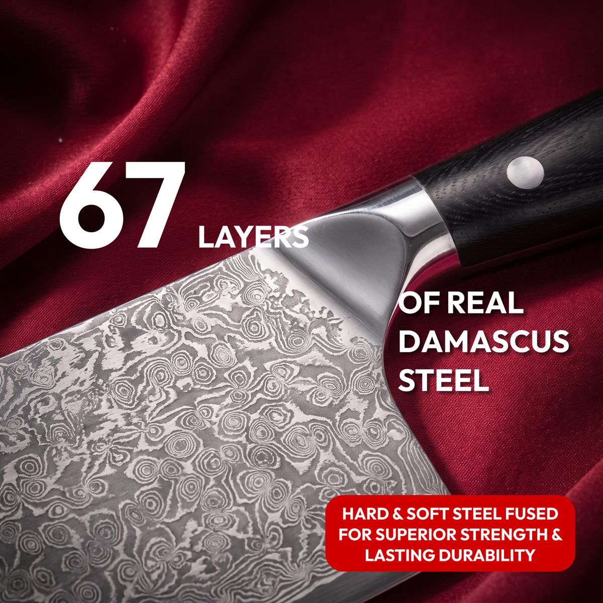 Cleaver Knife 18 cm, Galaxy Orion, close-up of 67-layer Damascus steel blade