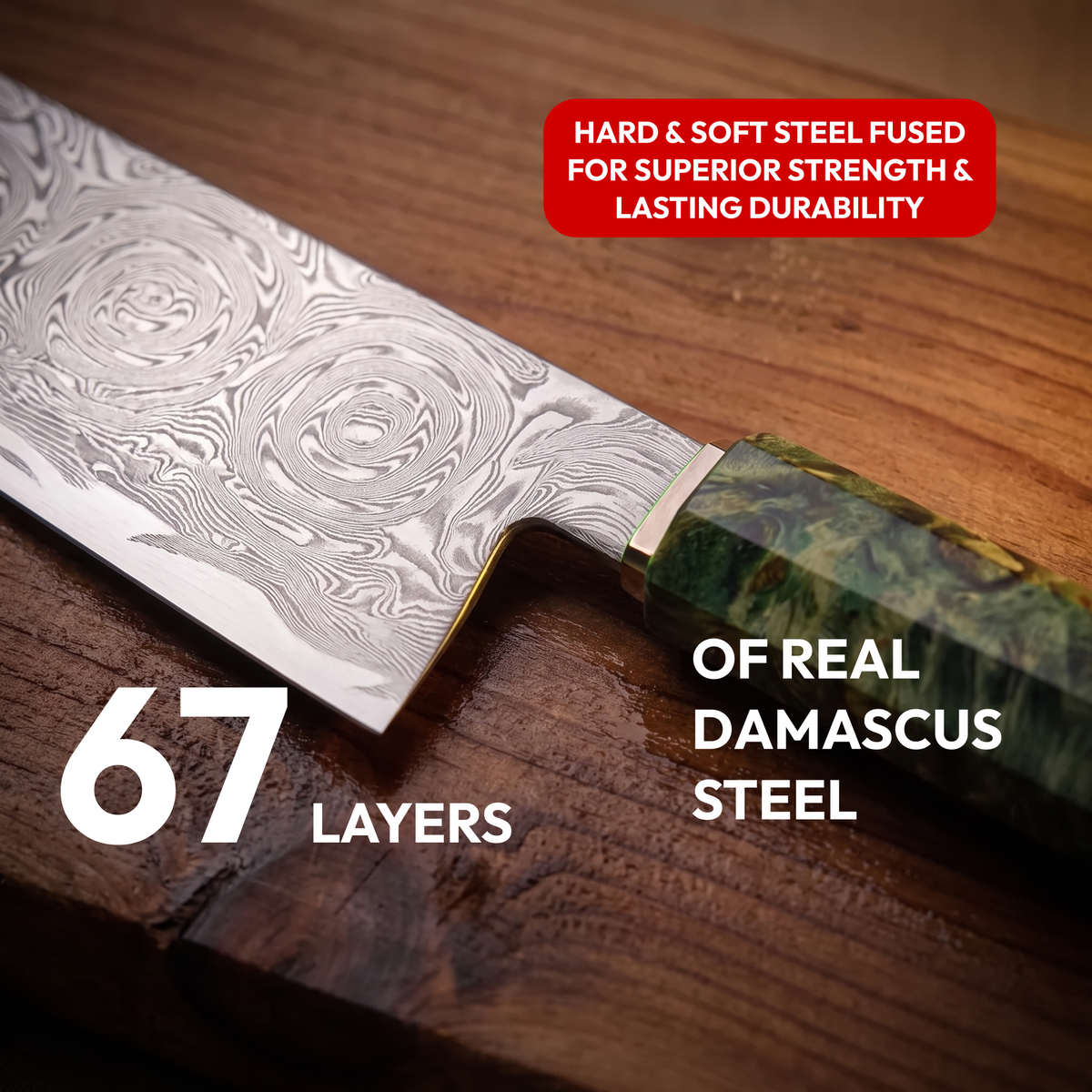 Nakiri Vegetable Knife 18 cm, Galaxy Midori no Shō, close-up of 67-layer Damascus steel blade