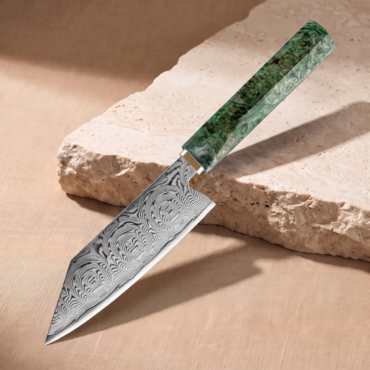 Bunka Knife 13 cm, Japanese Damascus steel, Galaxy Midori no Shō, green wood handle, on natural stone