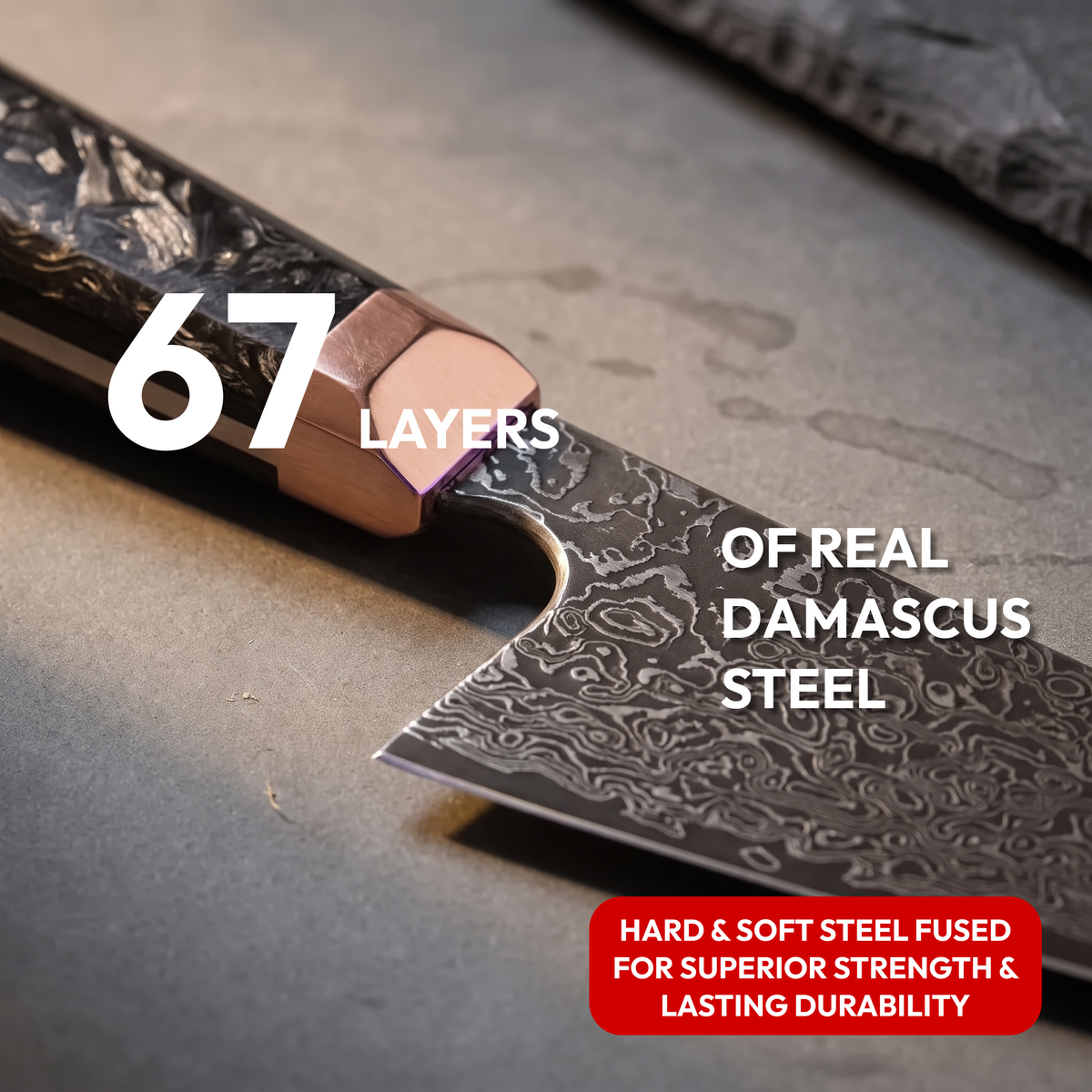 Bunka Knife 14 cm, Galaxy Obsidian, close-up of 67-layer Damascus steel blade