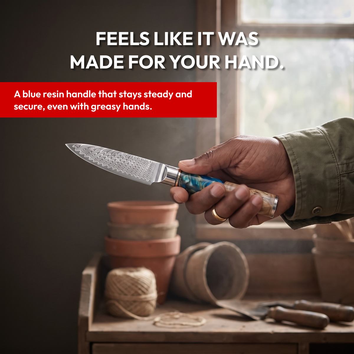 Paring Knife 9 cm, Galaxy Tenshi, blue resin handle in hand