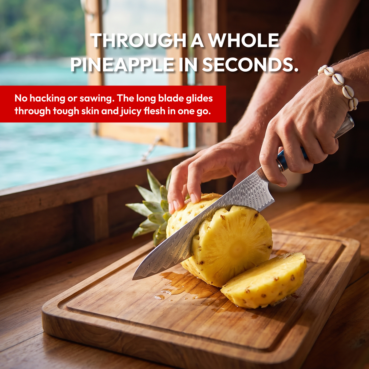 Gyuto Chef's Knife 24 cm, Galaxy Tenshi, cutting through a whole pineapple