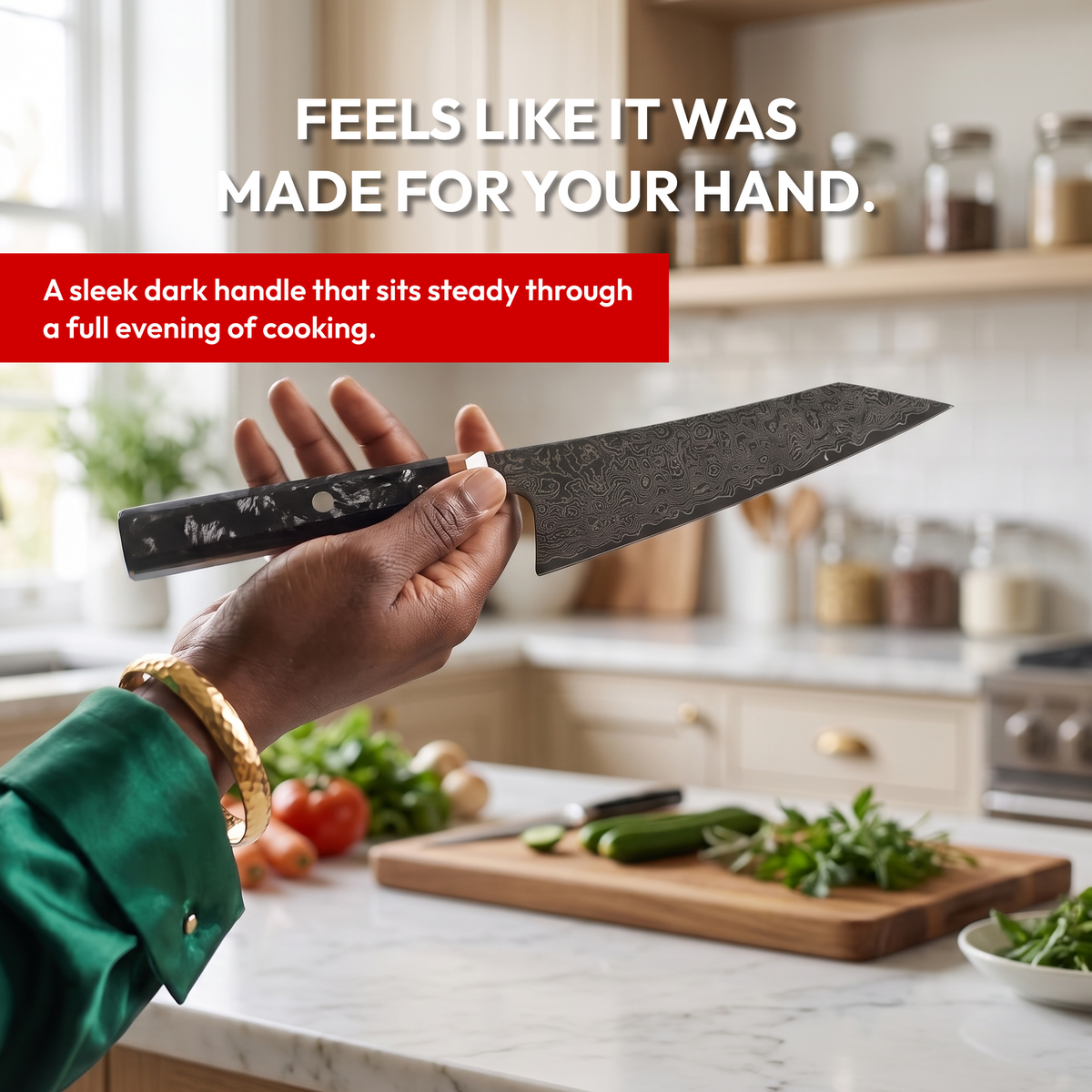 Bunka Knife 14 cm, Galaxy Obsidian, dark handle in hand