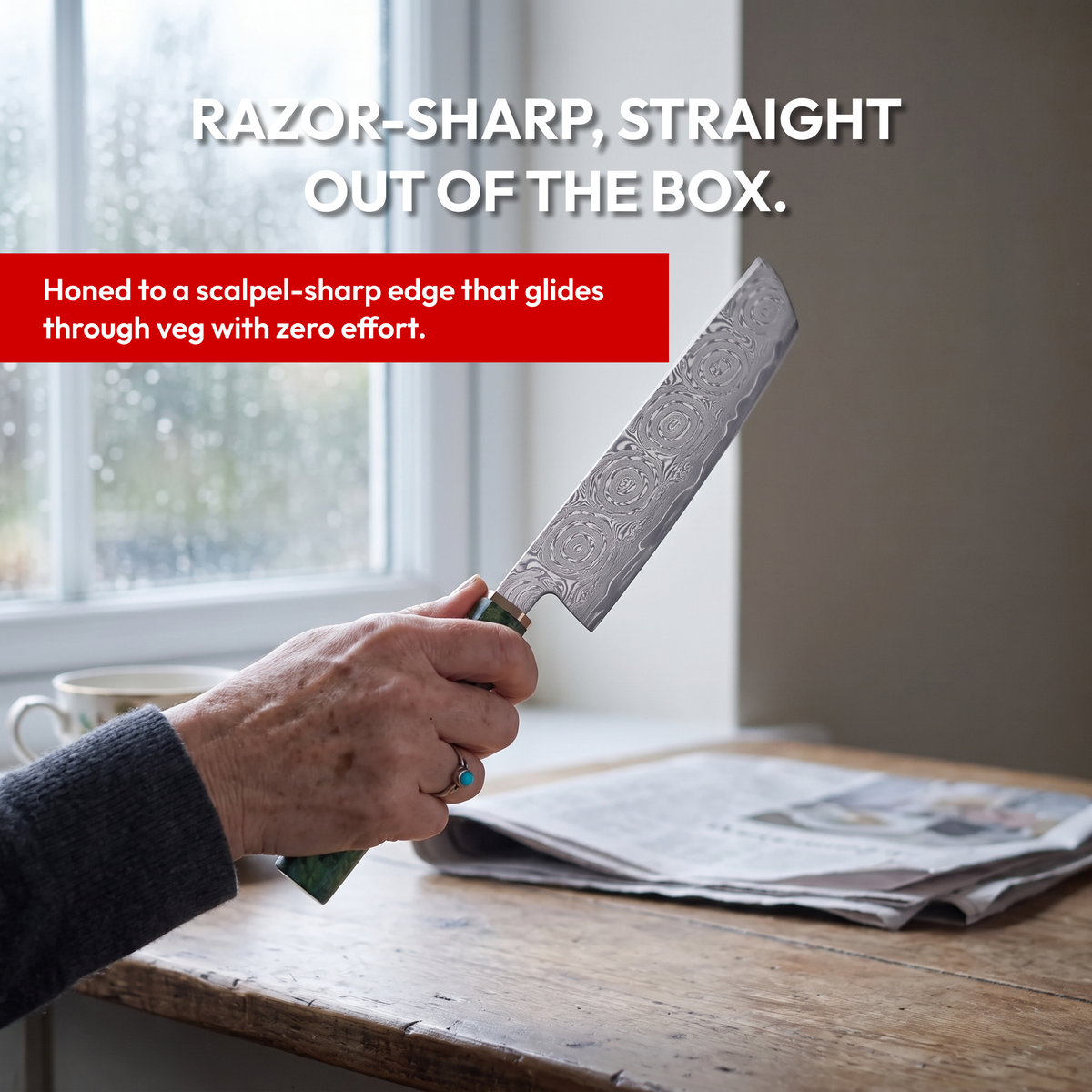 Nakiri Vegetable Knife 18 cm, Galaxy Midori no Shō, razor-sharp blade in hand