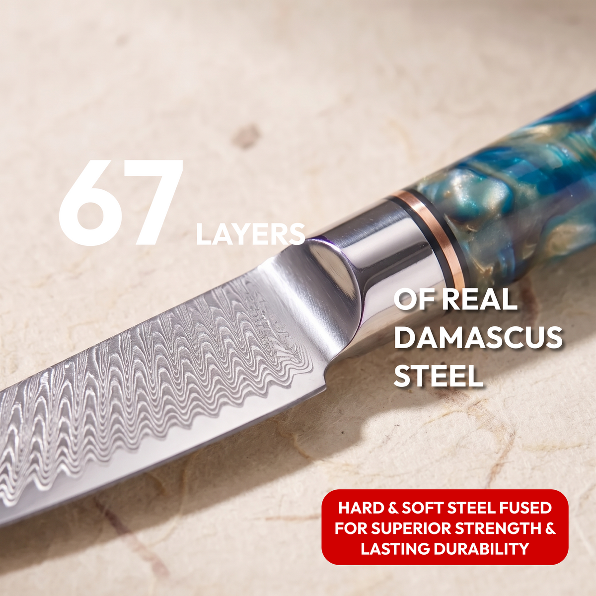Paring Knife 9 cm, Galaxy Tenshi, close-up of 67-layer Damascus steel blade