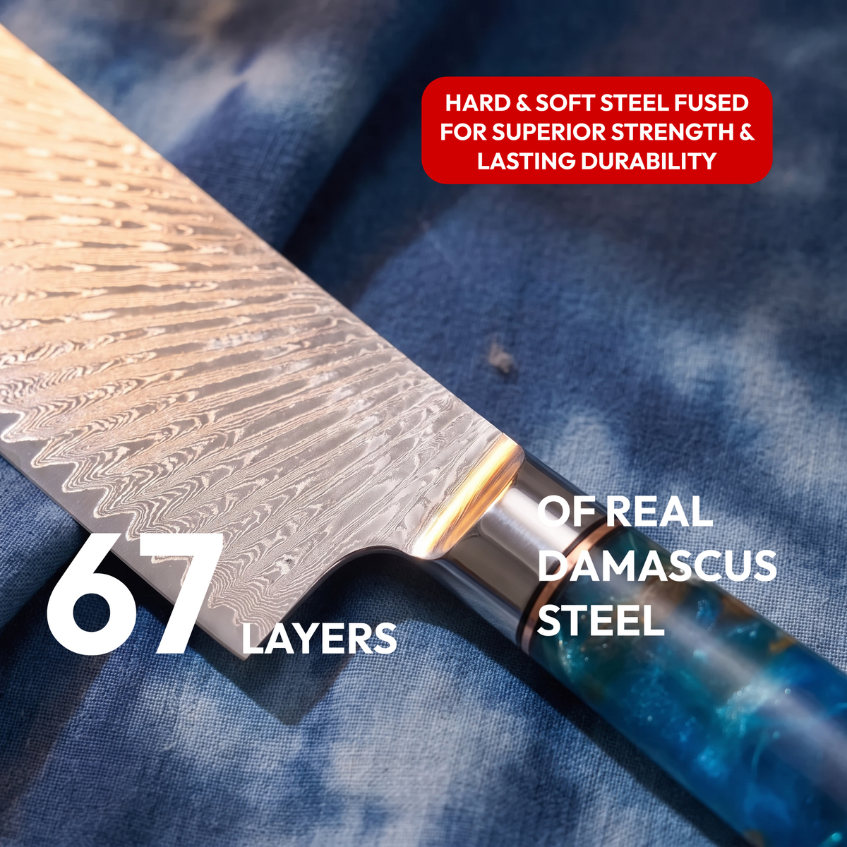 Nakiri Vegetable Knife 18 cm, Galaxy Tenshi, close-up of 67-layer Damascus steel blade
