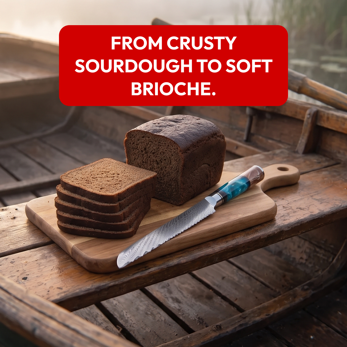Bread Knife 20 cm, Galaxy Tenshi, with sliced rye bread on a boat
