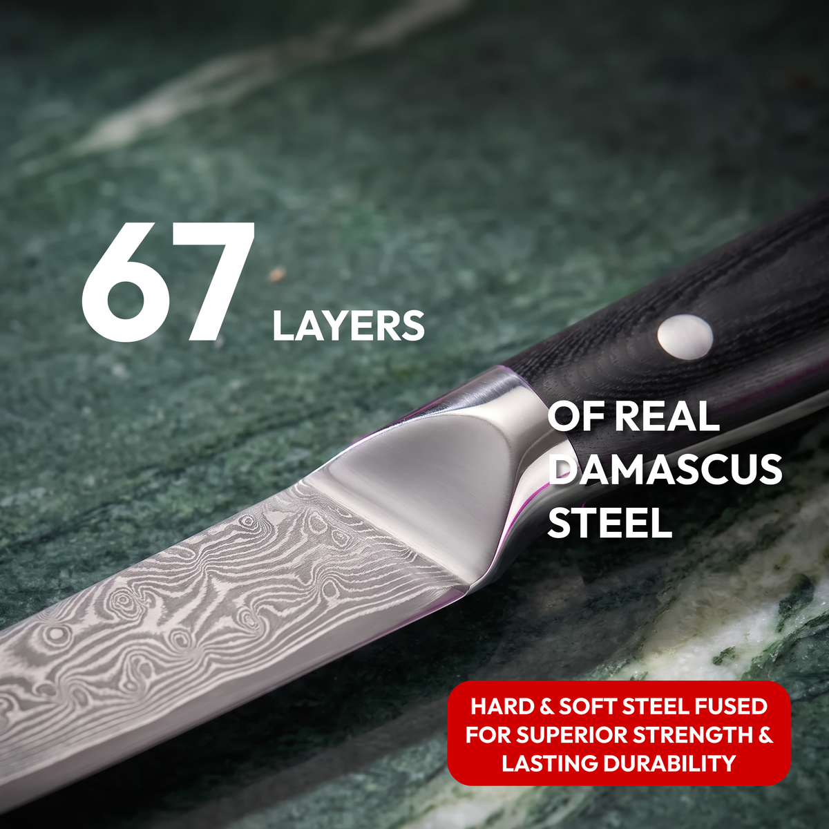 Utility Knife 13 cm, Galaxy Orion, close-up of 67-layer Damascus steel blade