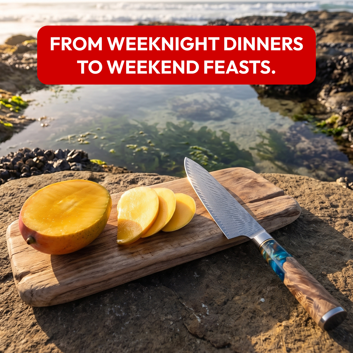 Gyuto Chef's Knife 20 cm, Galaxy Tenshi, with sliced mango on the rocks by the sea