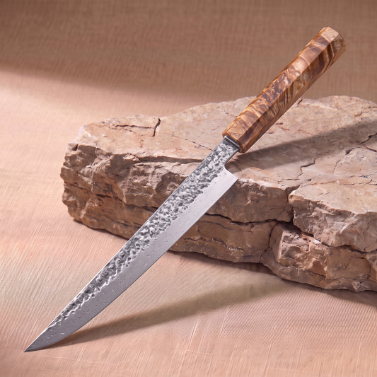 Yanagiba Sushi Knife 27 cm, Japanese Damascus steel, Galaxy Yanagi, olive burl handle, on natural stone