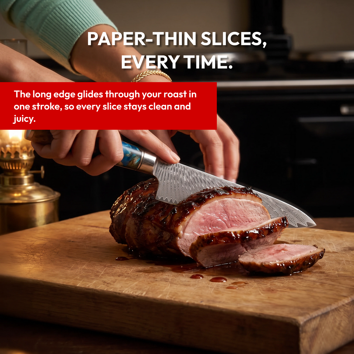 Gyuto Chef's Knife 20 cm, Galaxy Tenshi, slicing a roast