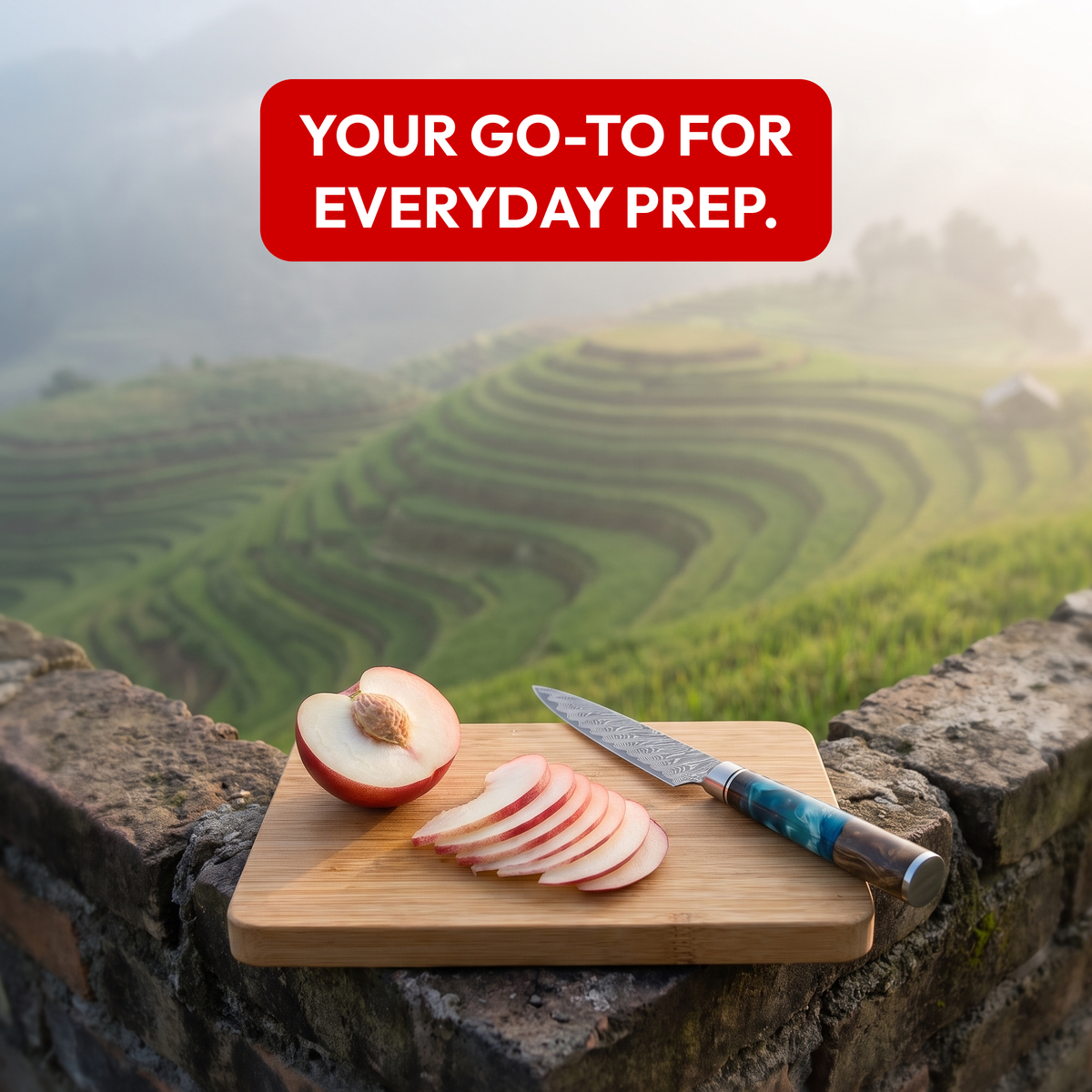 Utility Knife 13 cm, Galaxy Tenshi, with sliced peach by rice terraces