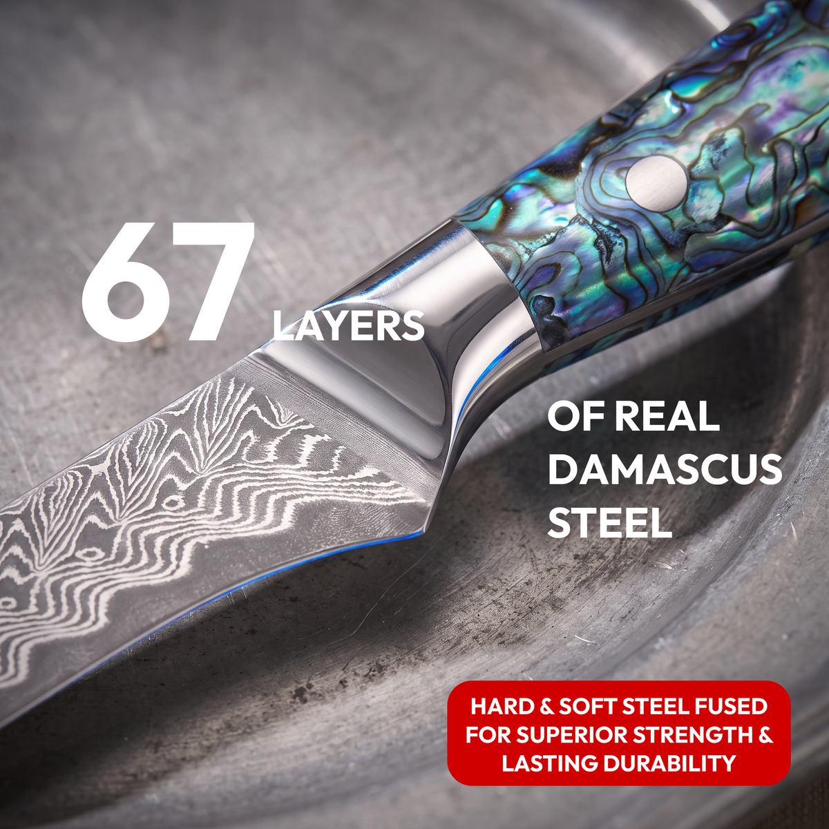 Boning Knife 15 cm, Galaxy Aurora, close-up of 67-layer Damascus steel blade