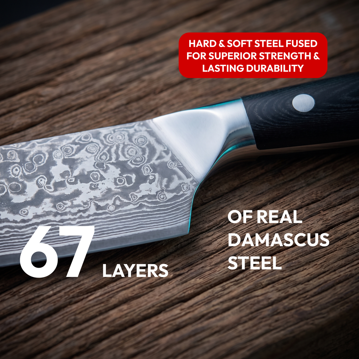 Nakiri Vegetable Knife 18 cm, Galaxy Orion, close-up of 67-layer Damascus steel blade