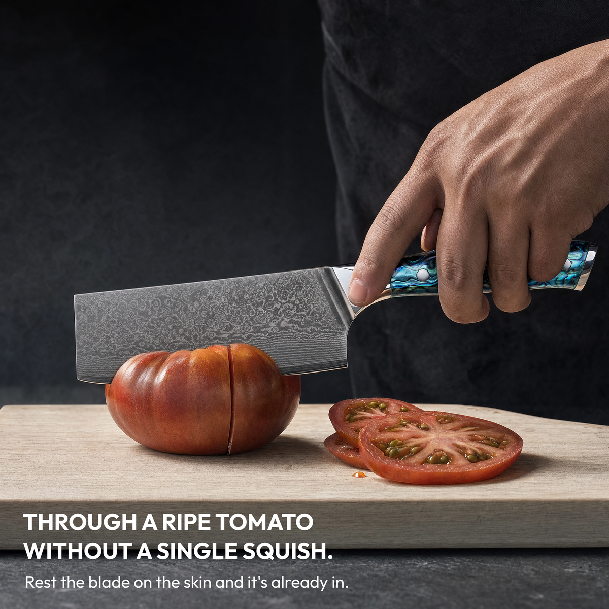 Nakiri Vegetable Knife 18 cm, Galaxy Aurora, slicing a ripe tomato