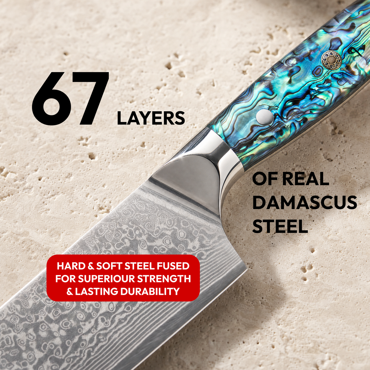 Nakiri Vegetable Knife 18 cm, Galaxy Aurora, close-up of 67-layer Damascus steel blade